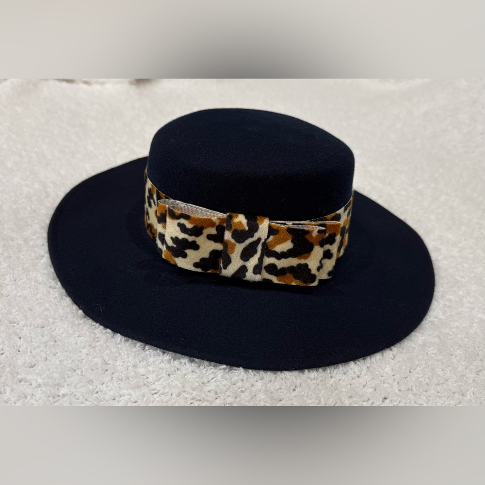 Vintage Navy Bollman Wool Felt Hat w/Leopard Band